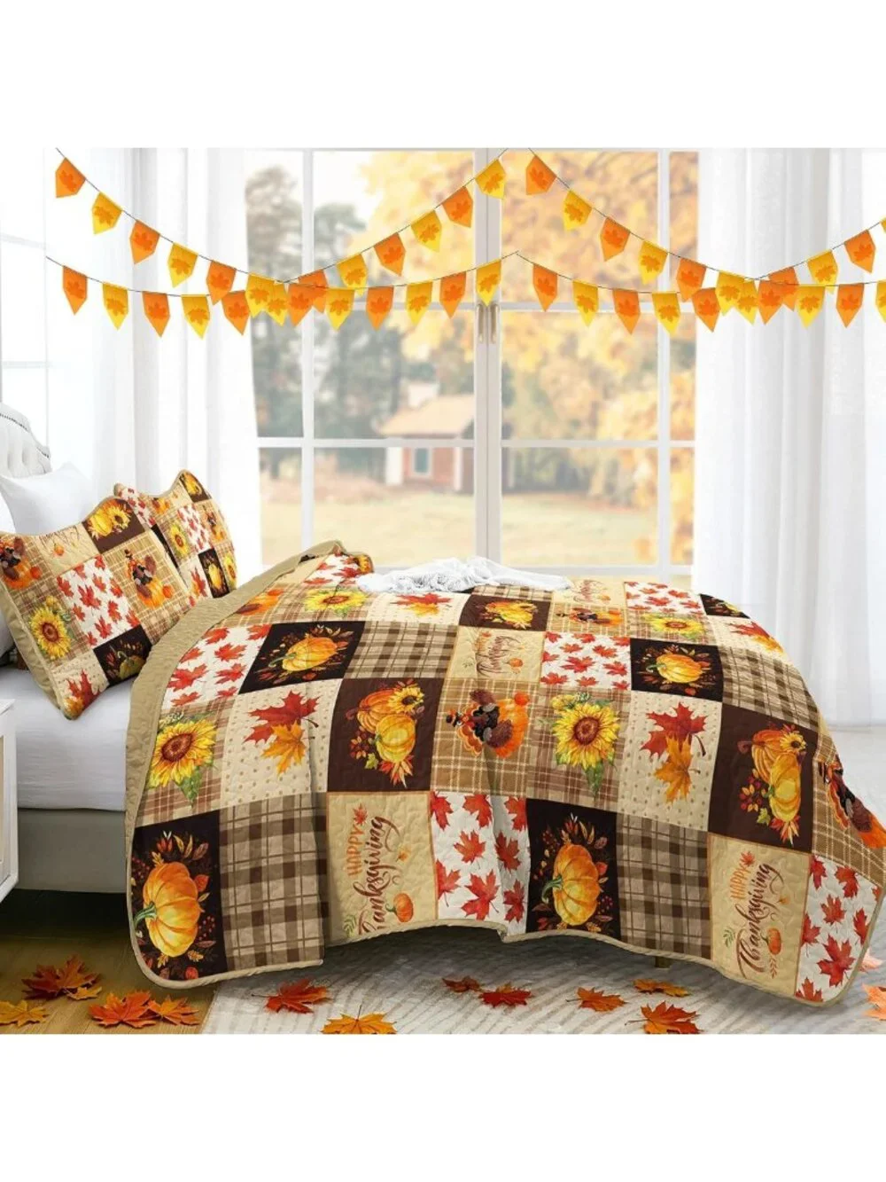 Cozy Fall Patchwork King Quilt Set, 3-Piece Thanksgiving Bedding, Brown Tones